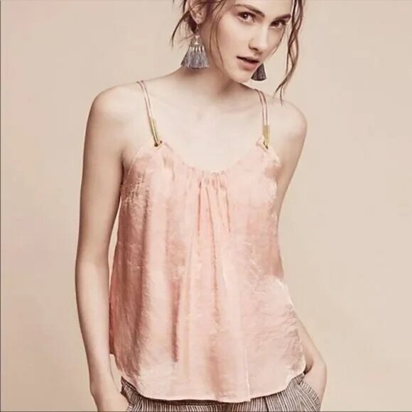 Anthropologie Floreat Pink Shimmer Cami Top w/ Gold Beaded Accents Soft Girl - Picture 2 of 10